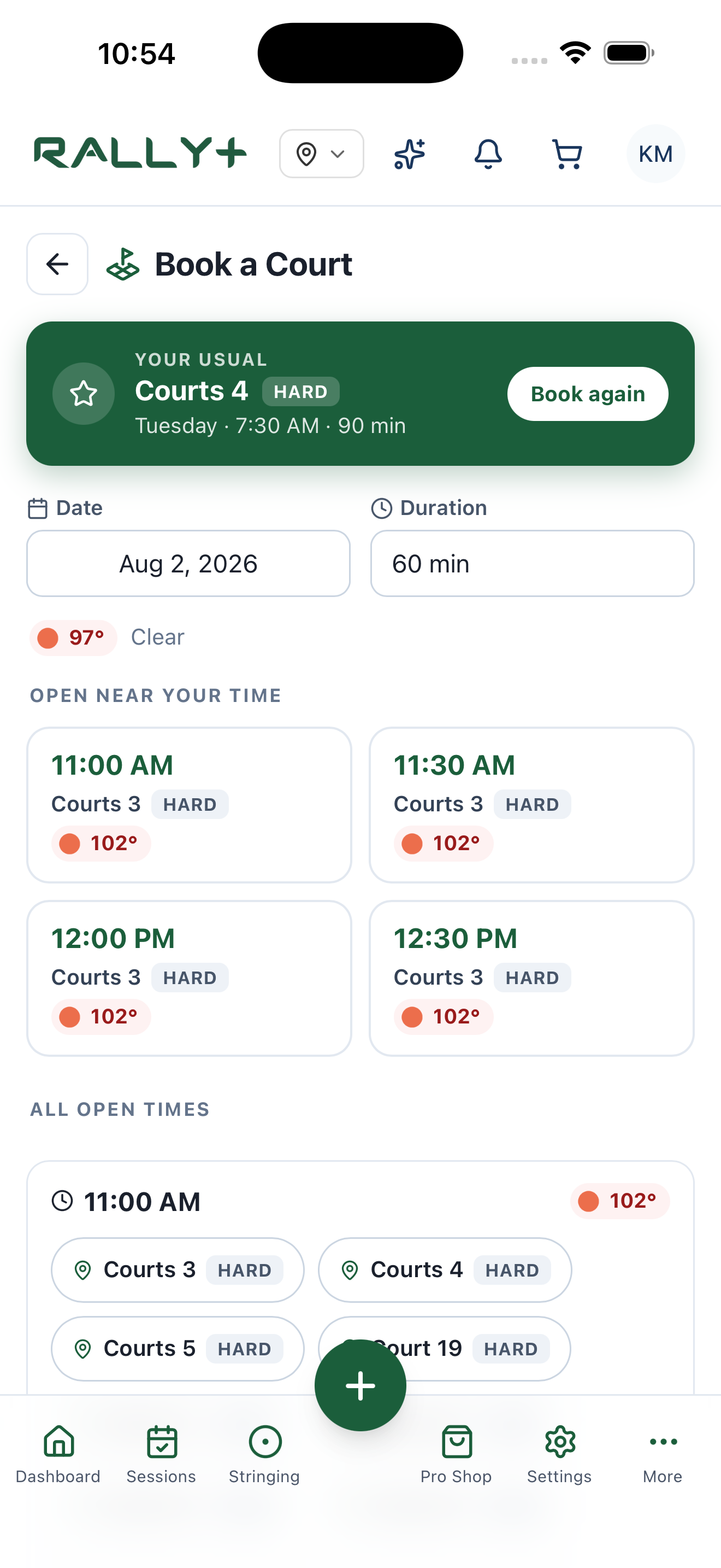 Rally+ court booking screen with availability, weather data, and one-tap re-booking