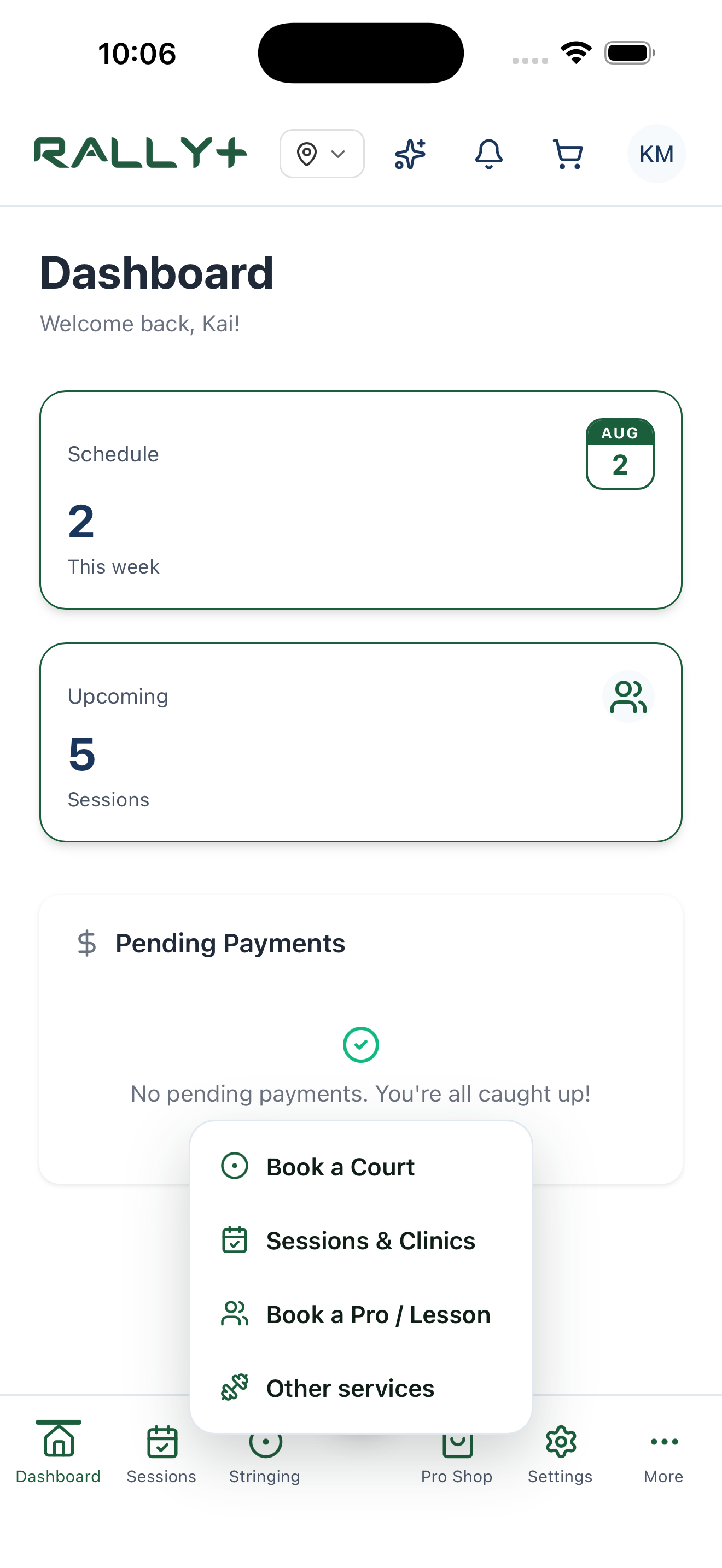 Rally+ mobile app dashboard showing schedule, sessions, and quick actions