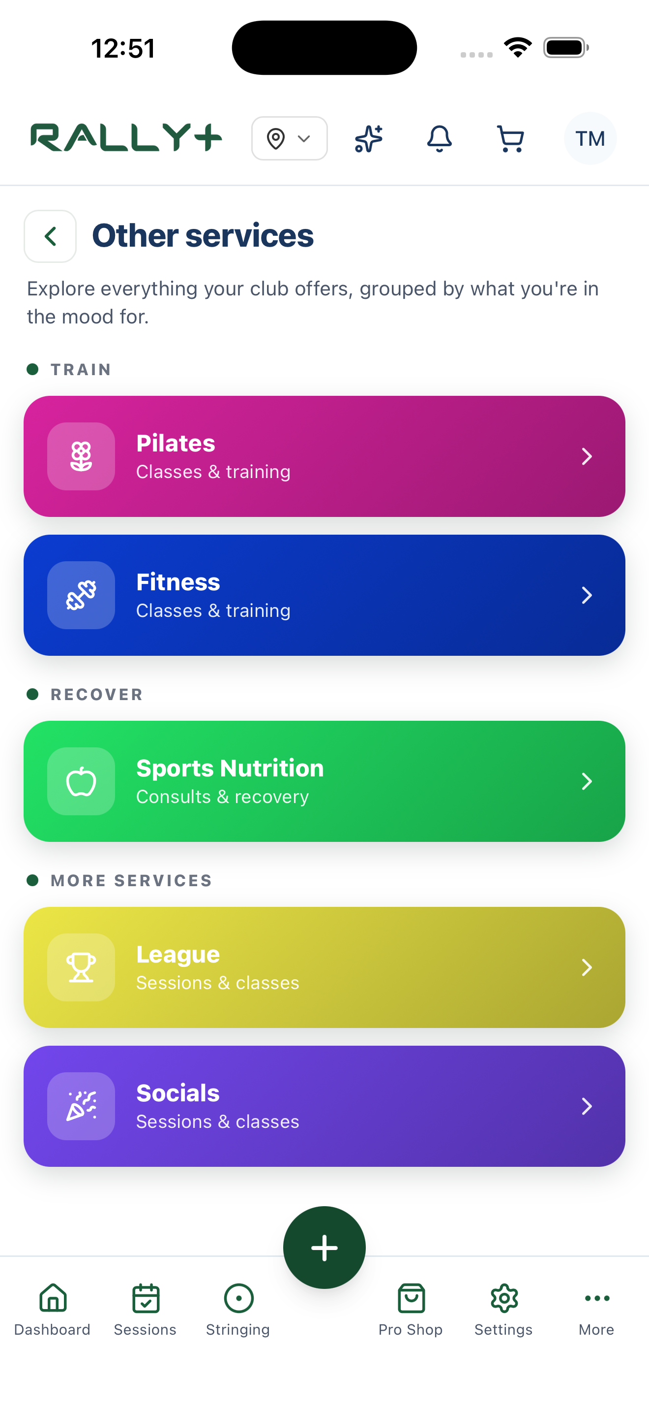 Rally+ other services screen showing Pilates, Fitness, Sports Nutrition, League, and Socials