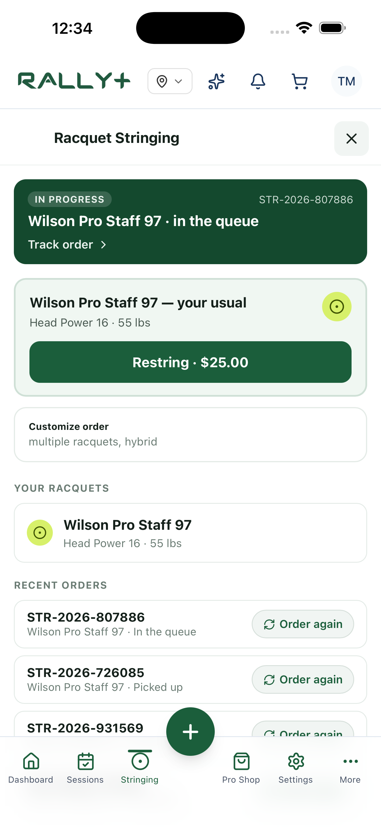 Rally+ racquet stringing screen with order tracking, saved preferences, and one-tap restring